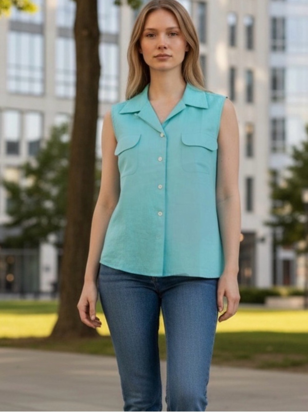 NWOT 100% Irish Linen Sleeveless Button-Front wCollar & Pockets Mint Green Shirt